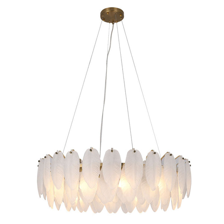 Round Frame Chandelier with Hanging Frosted Glass Leafs, 31.5", by Bethel