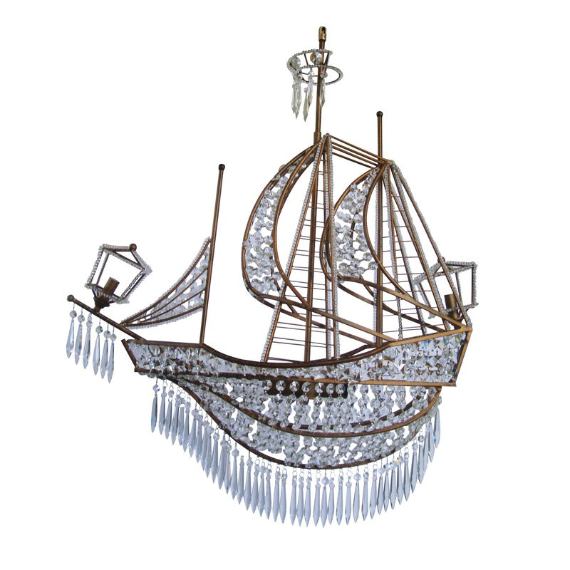 Metal Frame Sail Boat Chandelier with Clear Hanging Crystals in Bronze by Bethel