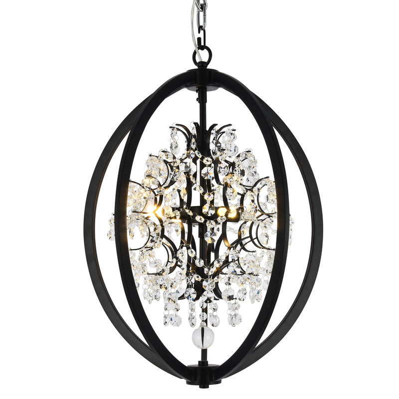 Metal Cage Chandelier with Clear Hanging Beaded Crystals in Black by Bethel