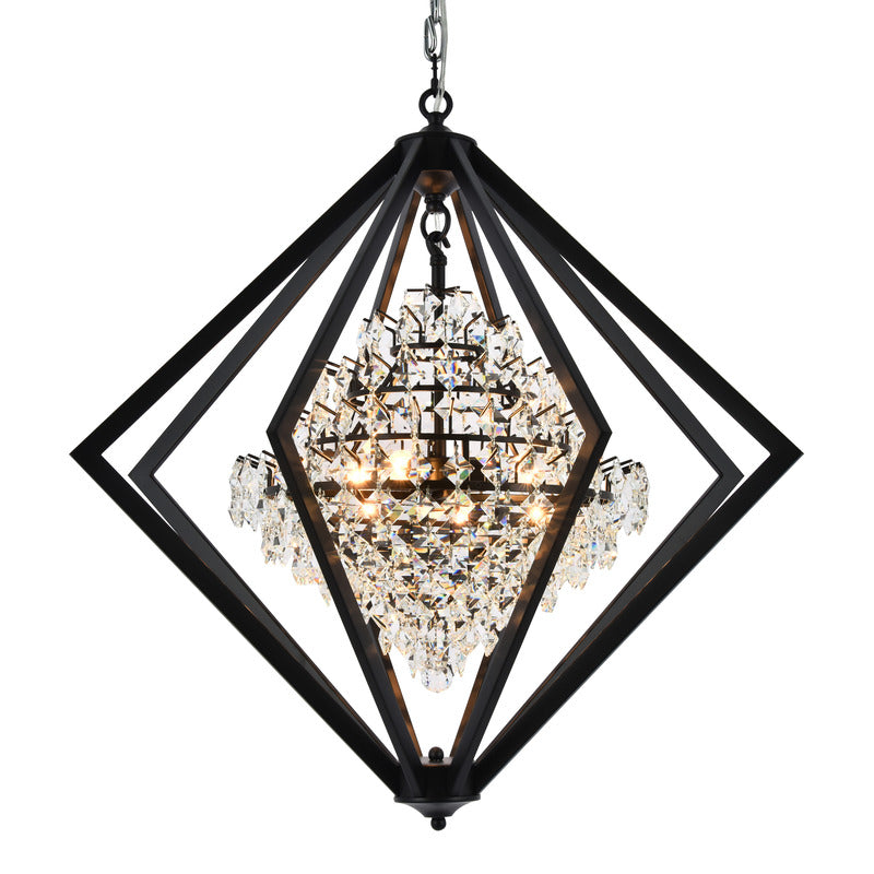 Metal Diamond Cage Chandelier with Clear Hanging Crystals in Black by Bethel