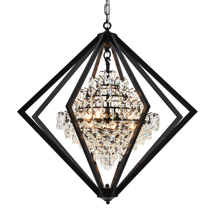 Metal Diamond Cage Chandelier with Clear Hanging Crystals in Black by Bethel