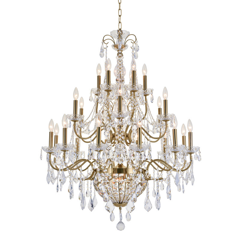 Three Tier Brass Frame Chandelier with Clear Hanging Crystals by Bethel