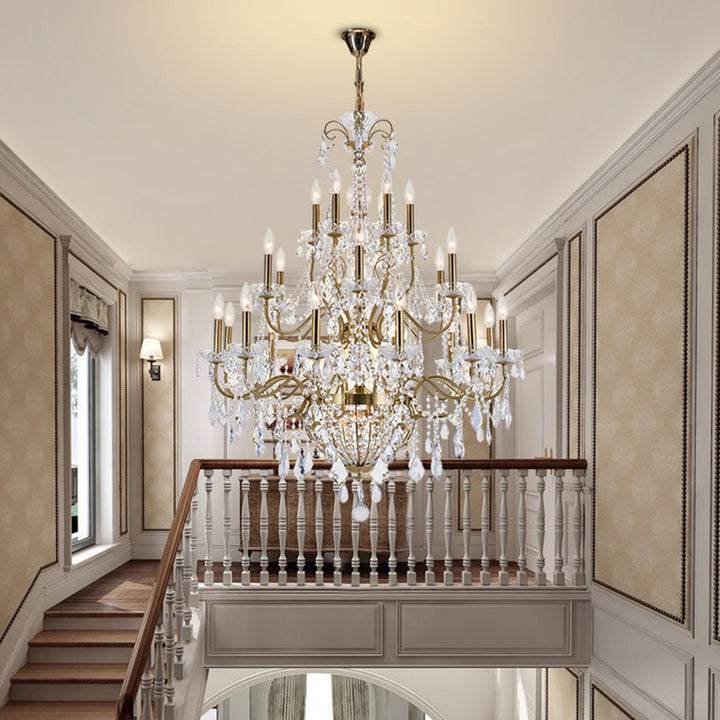 Three Tier Brass Frame Chandelier with Clear Hanging Crystals by Bethel - view 6