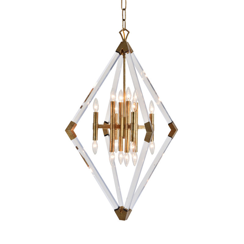 Clear Acrylic Arm Diamond Shaped Chandelier with Antique Gold Metal Frame by Bethel