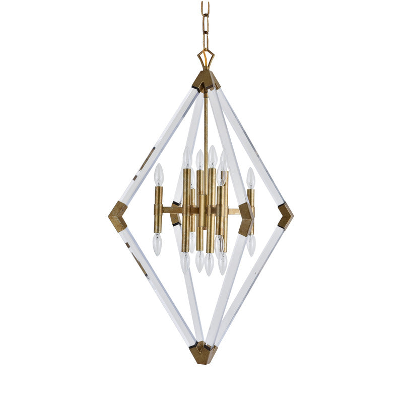 Clear Acrylic Arm Diamond Shaped Chandelier with Antique Gold Metal Frame by Bethel - view 2