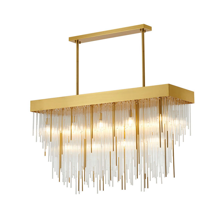 Rectangular Chandelier with Clear Hanging Looped Glass in Satin Brass by Bethel