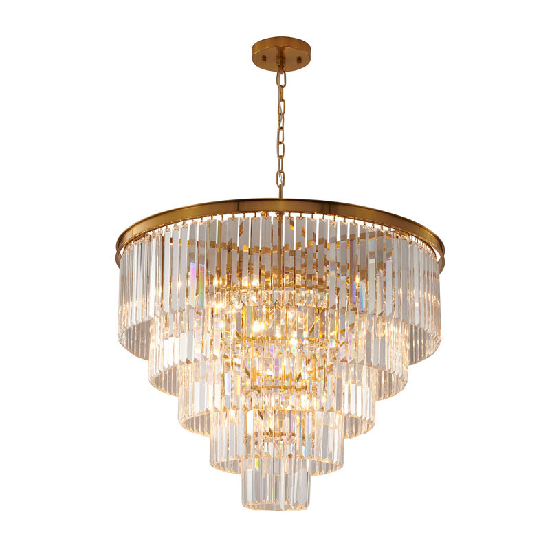 Five Tier Frame Chandelier with Clear Hanging Crystals in Gold by Bethel