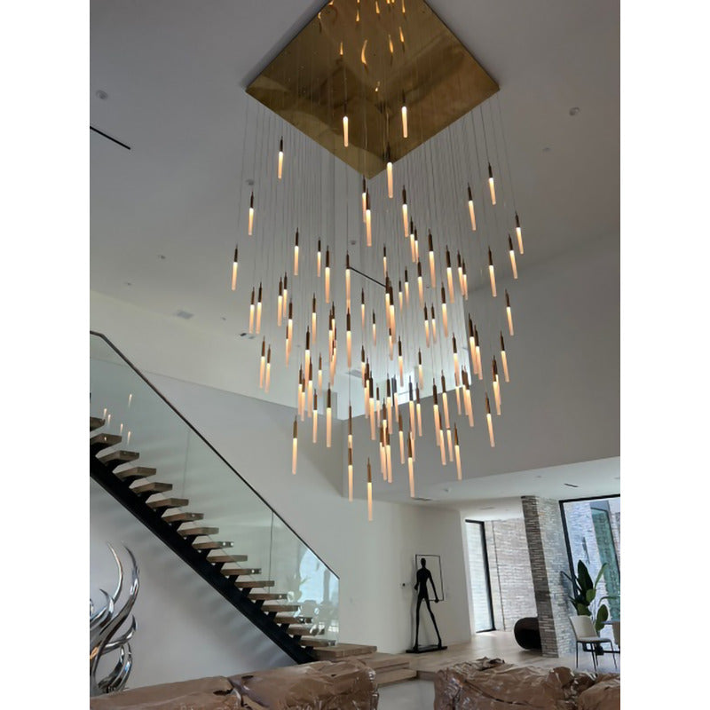 Gold Flushed Frame Chandelier with Hanging Pendants with Frosted Glass Tubes by Bethel