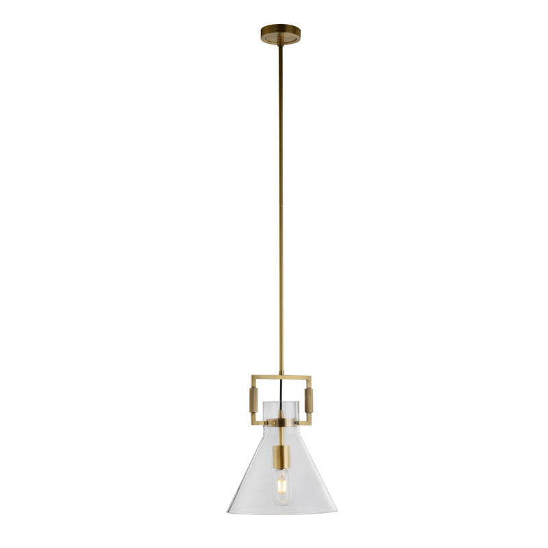 Brass Metal Frame Single Pendant Light with Clear Glass Cone Shade by Bethel