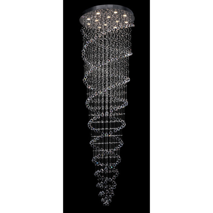 Round Flushed Chrome Frame Chandelier with Spiral of Hanging Clear Crystals by Bethel