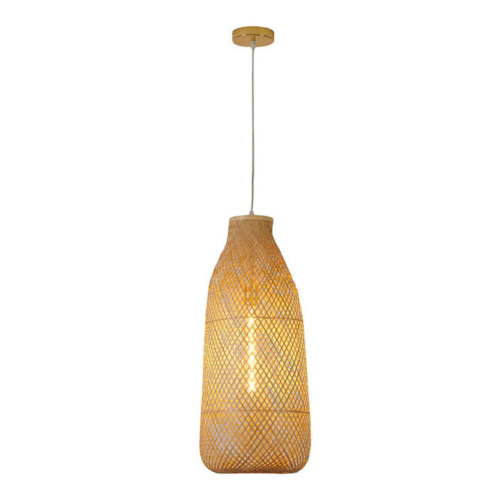Bamboo Wood Weaved Pendant Light with Gold Hardware by Bethel