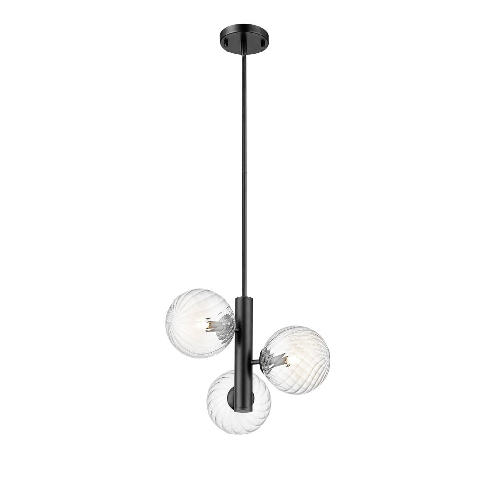 Calypso 3 Light Pendant with Clear Swirl Glass - Matte Black