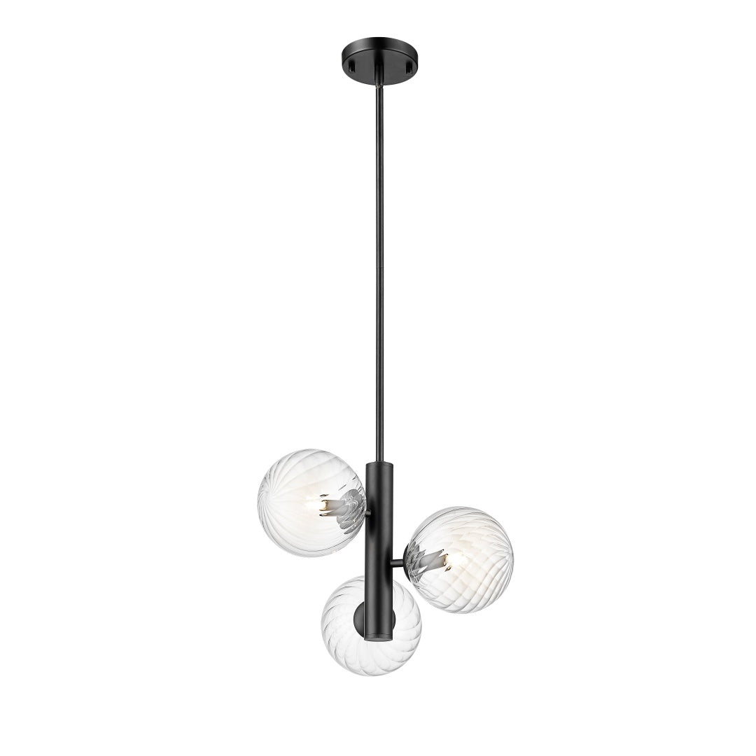 Calypso 3 Light Pendant with Clear Swirl Glass - Matte Black