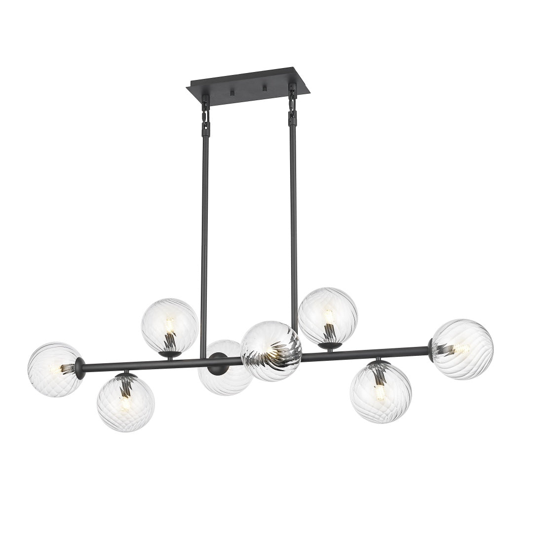 Calypso 8 Light Linear Pendant with Clear Swirl Glass - Matte Black