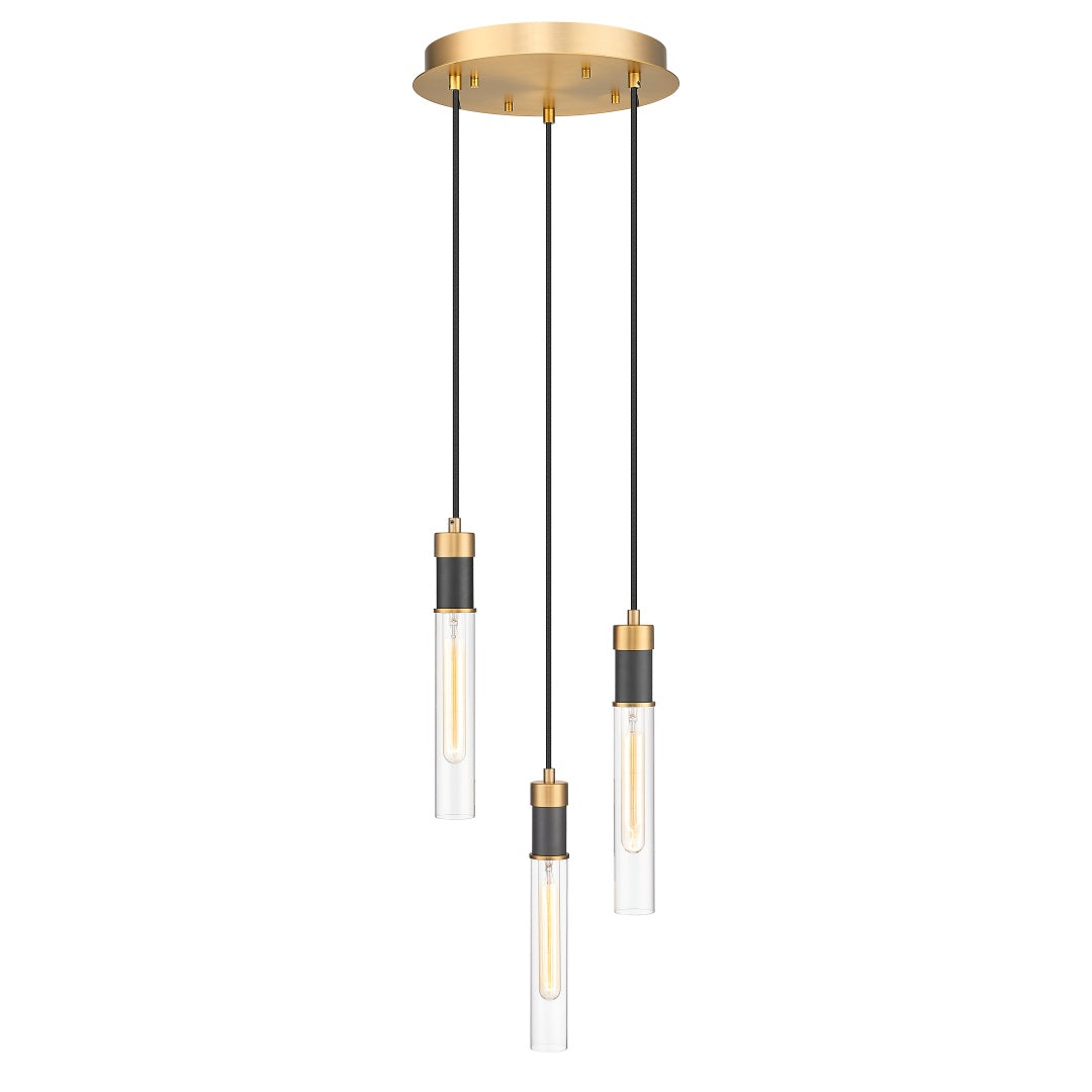 Argand Multiple Light Pendant with Clear Cylinder Glass - Aged Brass &amp; Textured Black