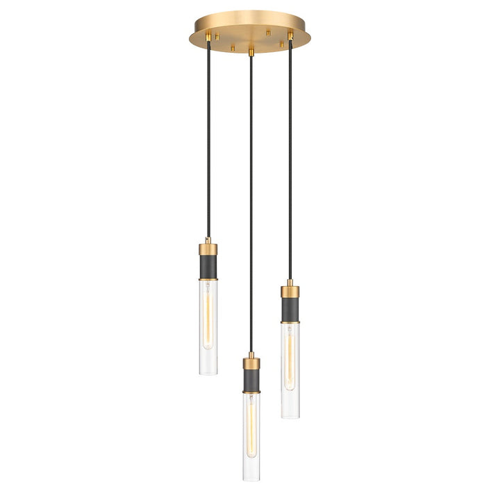 Argand Multiple Light Pendant with Clear Cylinder Glass - Aged Brass &amp; Textured Black