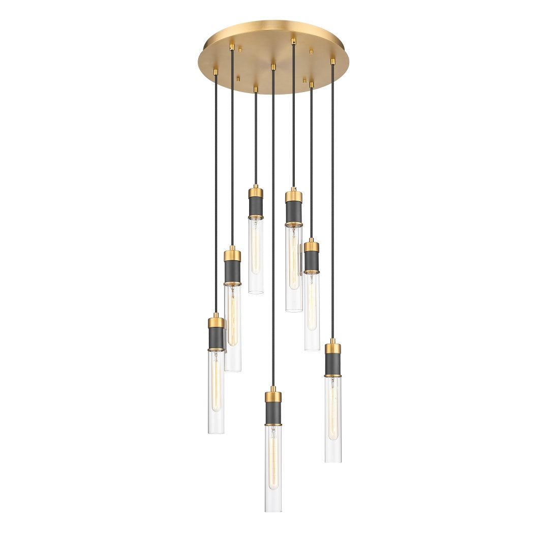 Argand Multiple Light Pendant with Clear Cylinder Glass - Aged Brass &amp; Textured Black