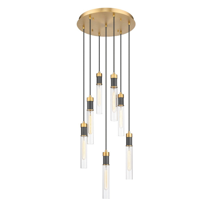 Argand Multiple Light Pendant with Clear Cylinder Glass - Aged Brass &amp; Textured Black