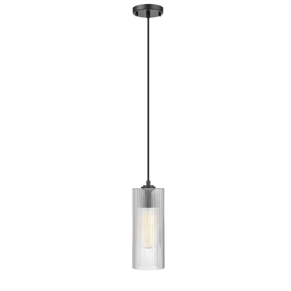 Ames 1 Light Pendant with Reeded Clear Glass - Matte Black