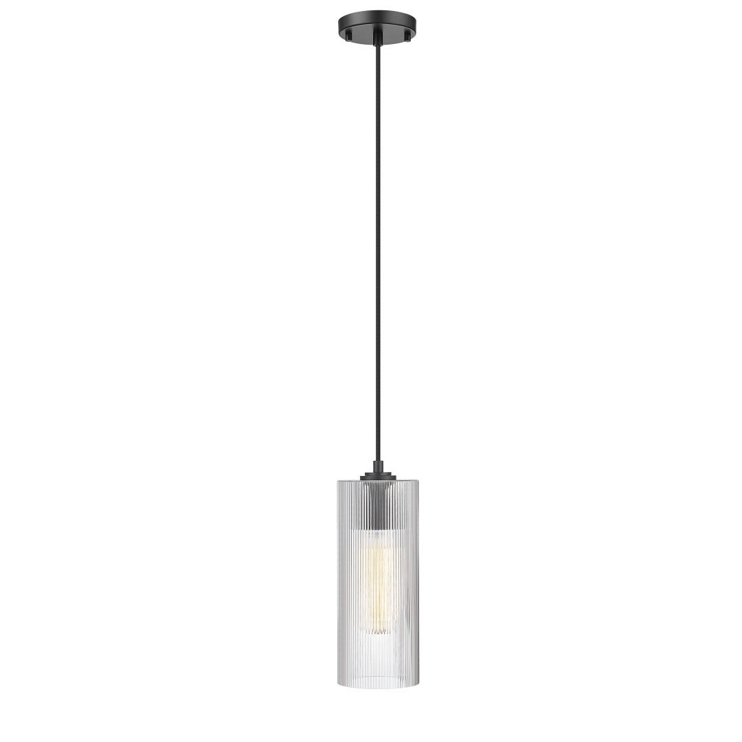 Ames 1 Light Pendant with Reeded Clear Glass - Matte Black