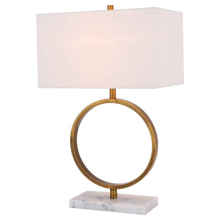 White Boxed Shade Table Lamp with Gold "o" Frame and White Marble