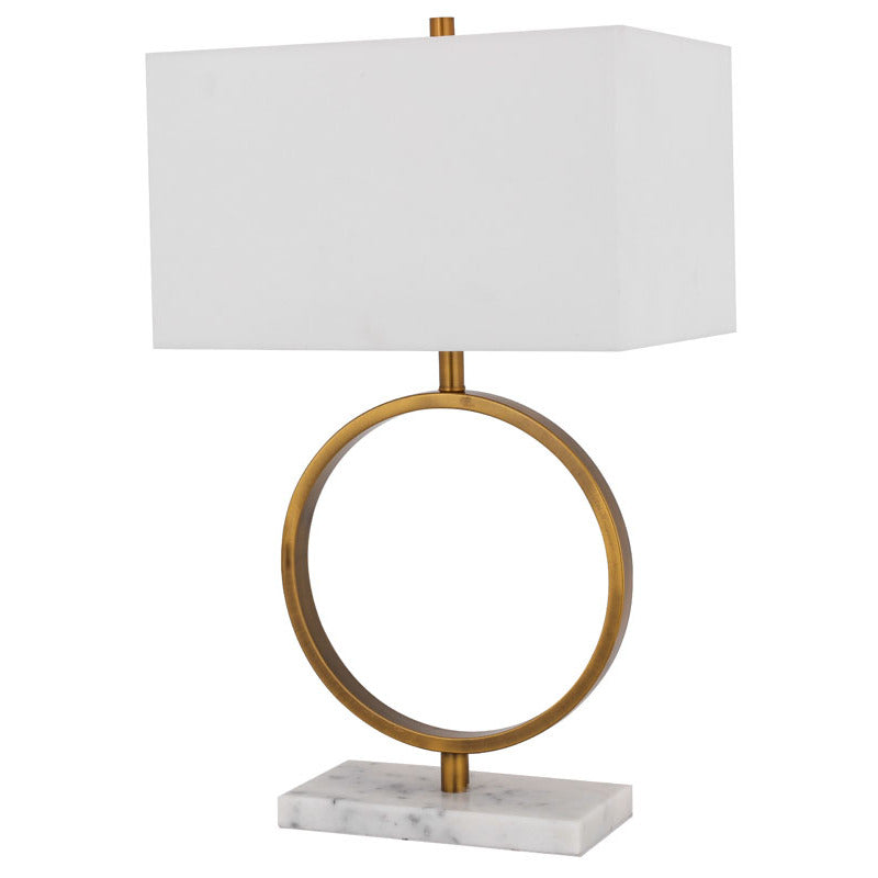 White Boxed Shade Table Lamp with Gold "o" Frame and White Marble