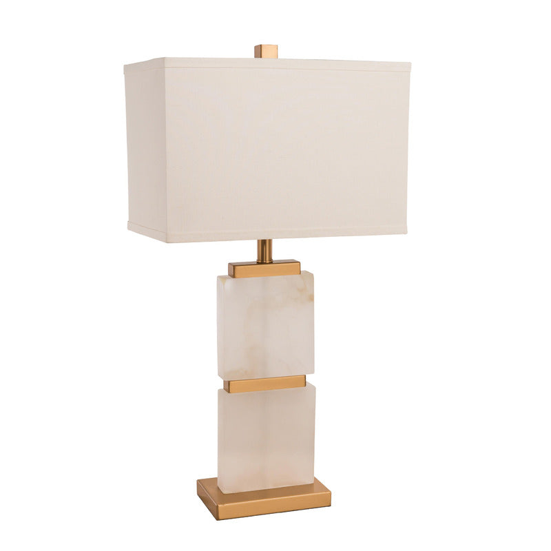 White Marble Base Table Lamp with Gold Hardware & White Linen Shade by Bethel