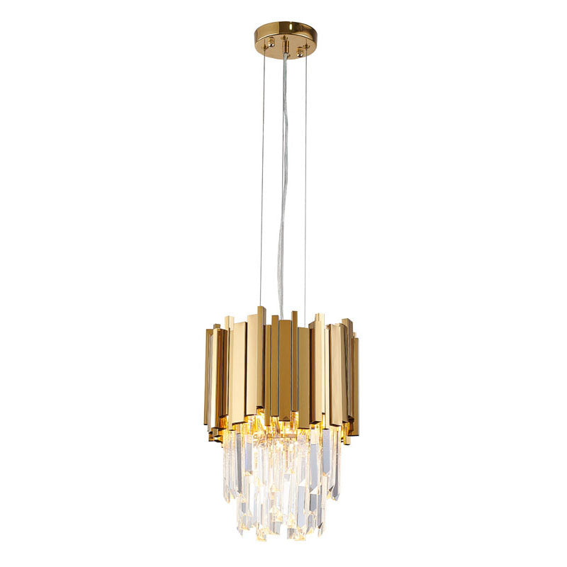 Stainless Steel Frame Pendant Light with Clear Hanging Crystals in Gold by Bethel