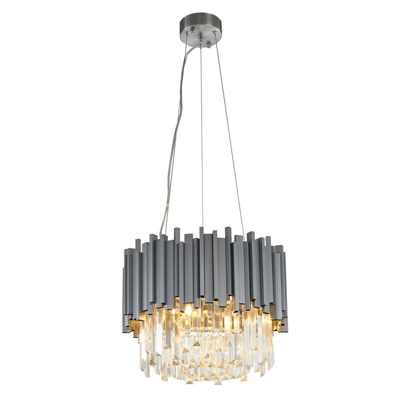 Stainless Steel Hairline Frame Chandelier with Clear Hanging Crystals in Chrome by Bethel