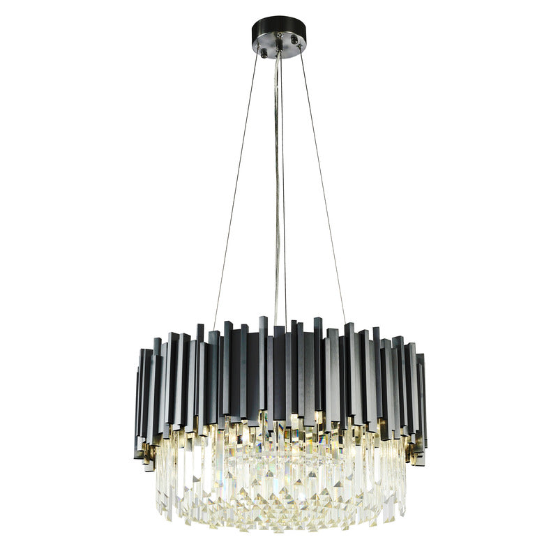 Stainless Steel Hairline Frame Chandelier with Clear Hanging Crystals in Black by Bethel