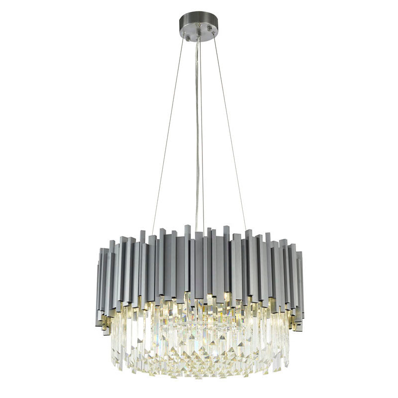 Stainless Steel Hairline Frame Chandelier with Clear Hanging Crystals in Chrome by Bethel