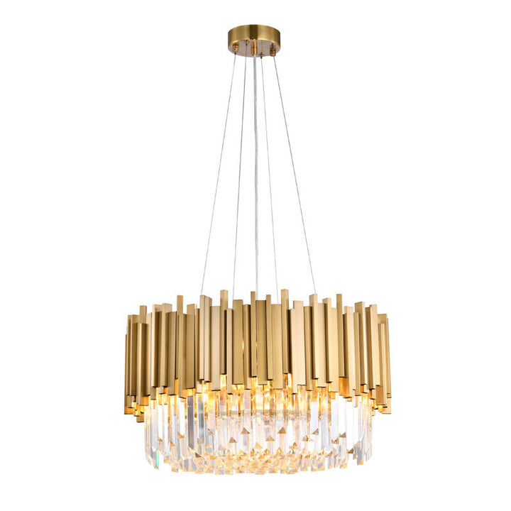 Stainless Steel Hairline Frame Chandelier with Clear Hanging Crystals in Gold by Bethel