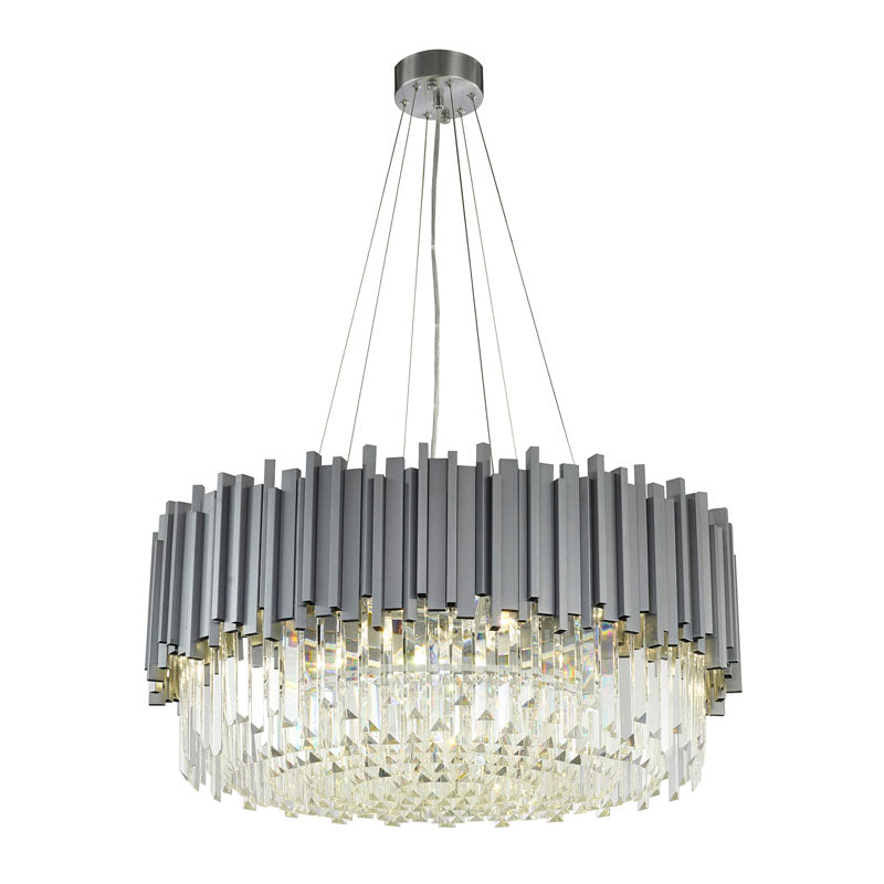 Stainless Steel Hairline Frame Chandelier with Clear Hanging Crystals in Chrome by Bethel