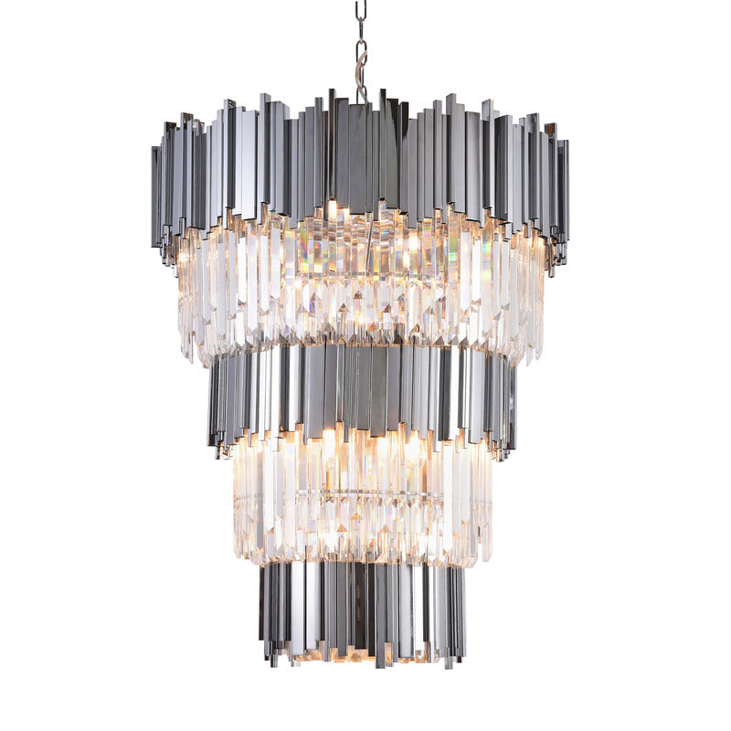 Stainless Steel Hairline Frame Chandelier with Clear Hanging Crystals in Chrome by Bethel