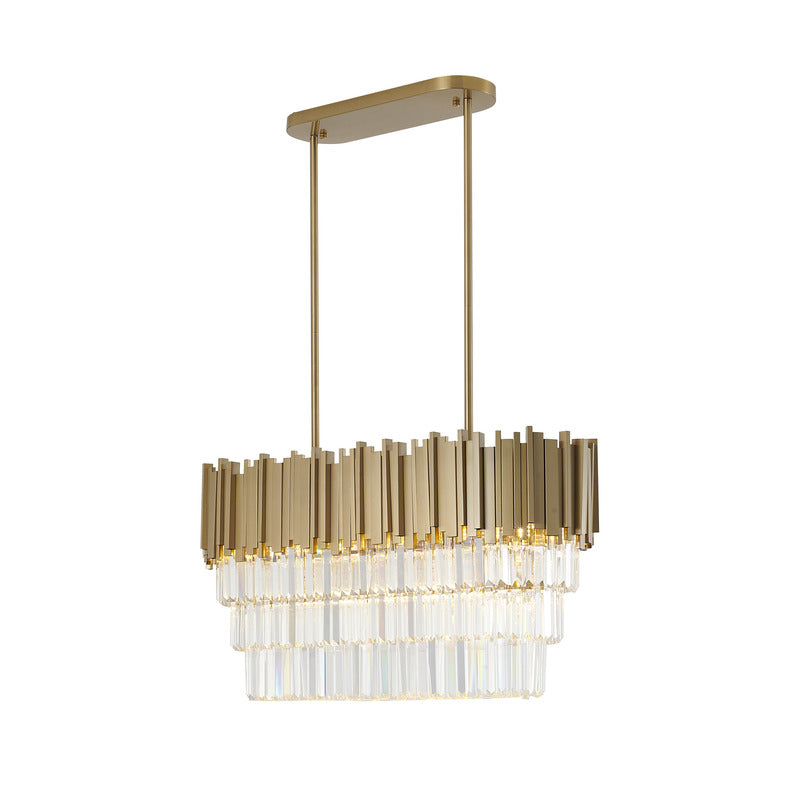 Gold Hair Line Oval Chandelier with Three Tiers of Clear Hanging Crystals by Bethel