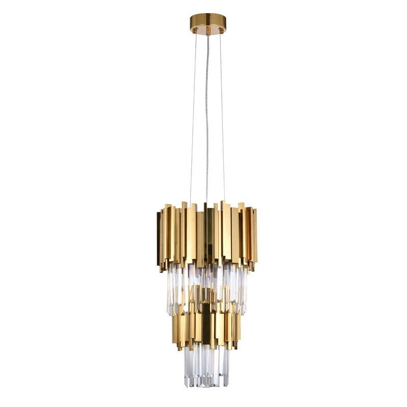 Two Tier Gold Stainless Steel Chandelier with Clear Hanging Crystals by Bethel - view 2