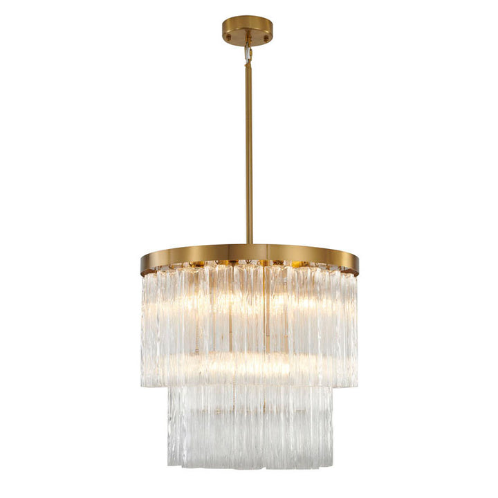 Round Satin Brass Frame Chandelier with Clear Hanging Ribbed Glass by Bethel