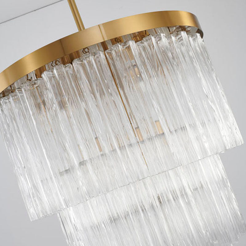 Round Satin Brass Frame Chandelier with Clear Hanging Ribbed Glass by Bethel - view 2