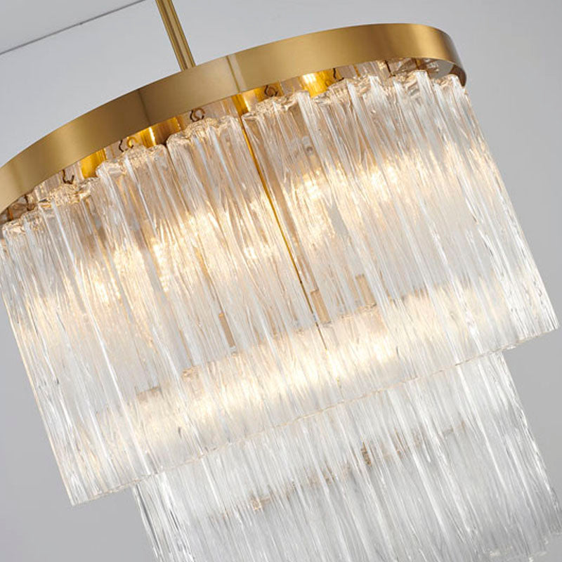 Round Satin Brass Frame Chandelier with Clear Hanging Ribbed Glass by Bethel - view 3