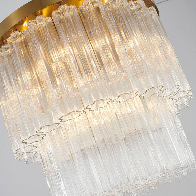 Round Satin Brass Frame Chandelier with Clear Hanging Ribbed Glass by Bethel - view 4