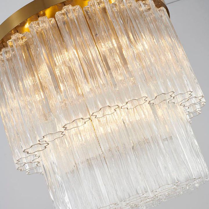 Round Satin Brass Frame Chandelier with Clear Hanging Ribbed Glass by Bethel - view 4