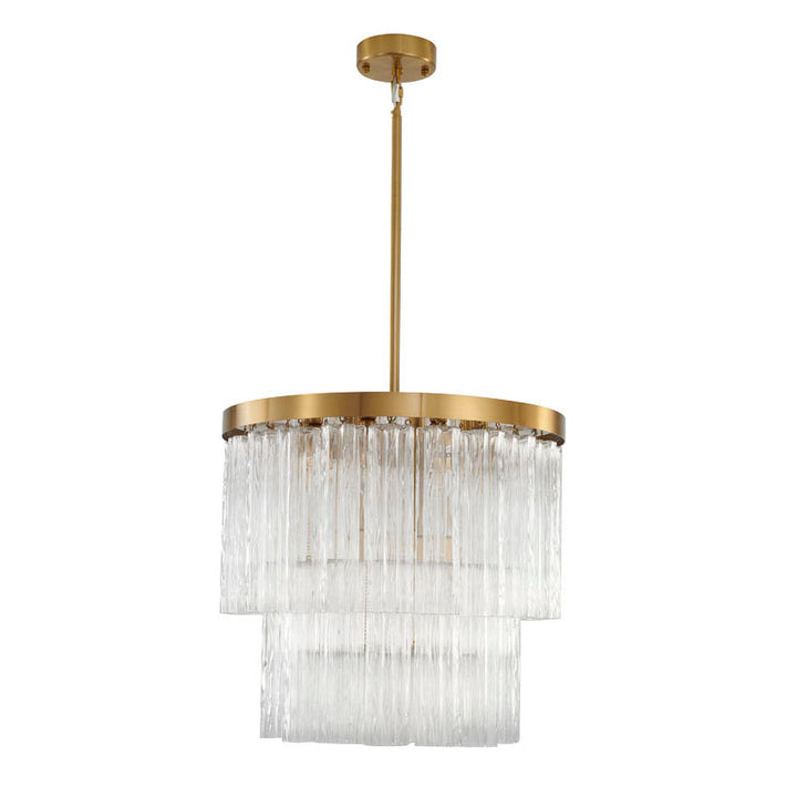 Round Satin Brass Frame Chandelier with Clear Hanging Ribbed Glass by Bethel - view 6