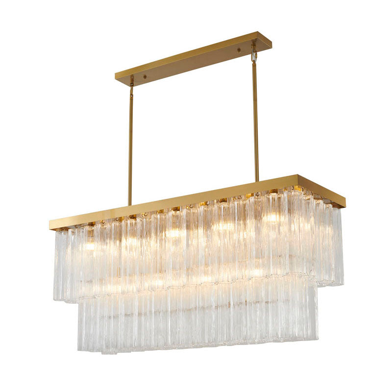 Satin Brass Rectangular Frame Chandelier with Clear Hanging Ribbed Glass by Bethel