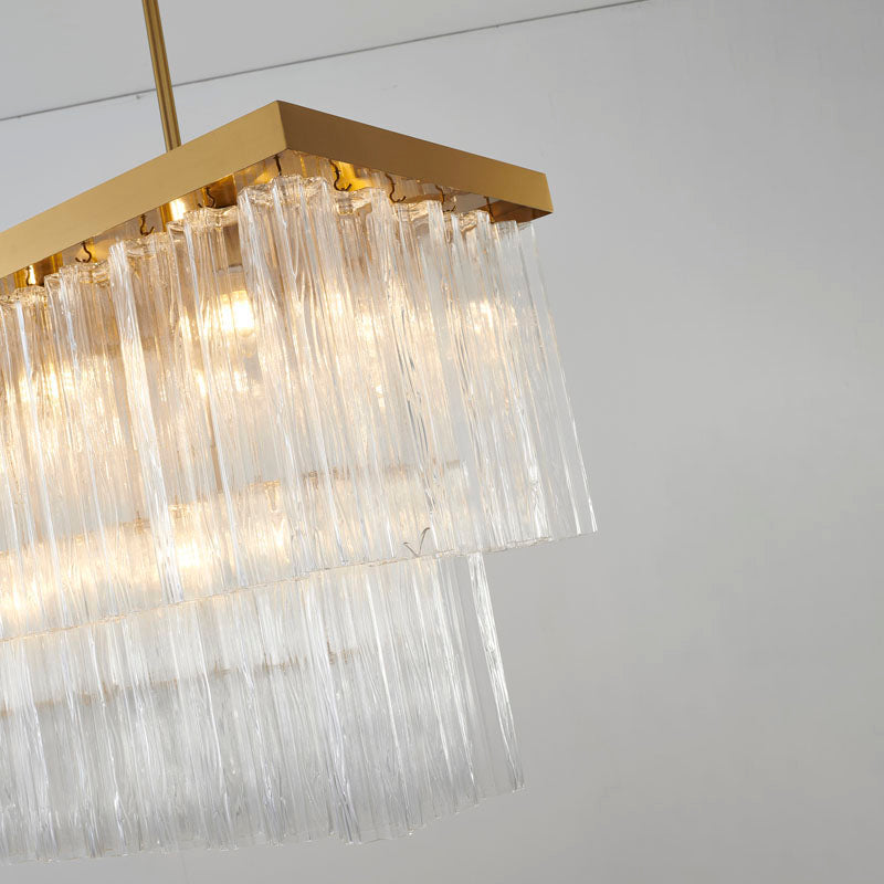 Satin Brass Rectangular Frame Chandelier with Clear Hanging Ribbed Glass by Bethel - view 2