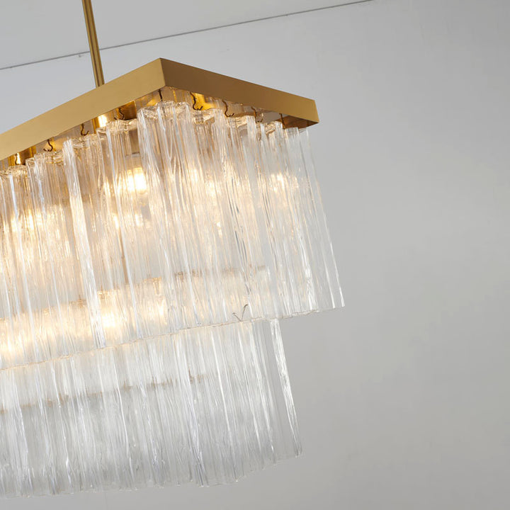 Satin Brass Rectangular Frame Chandelier with Clear Hanging Ribbed Glass by Bethel - view 2