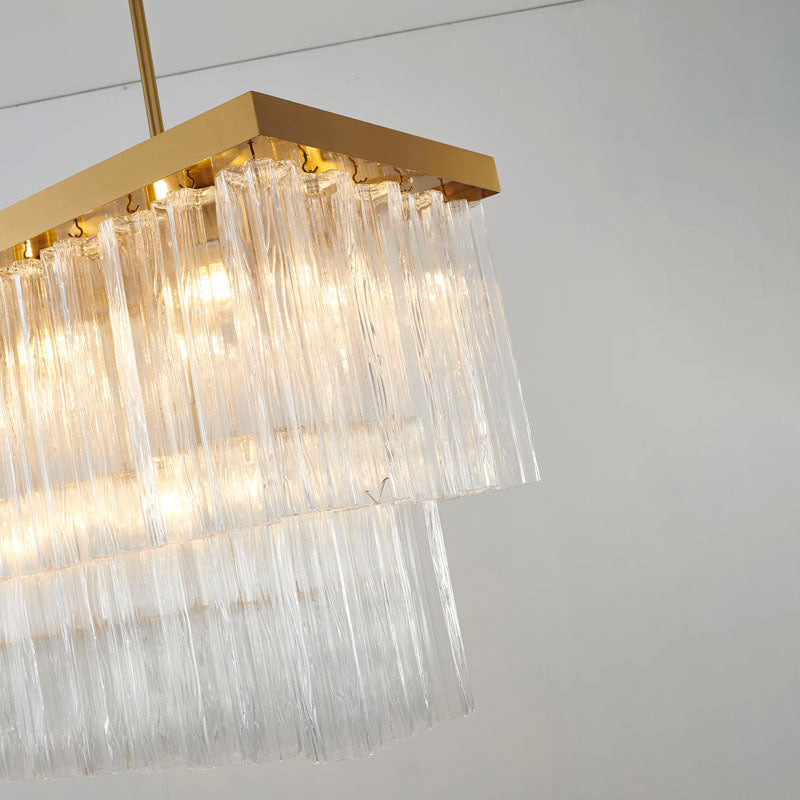 Satin Brass Rectangular Frame Chandelier with Clear Hanging Ribbed Glass by Bethel - view 3