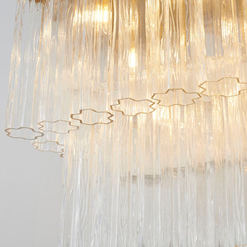 Satin Brass Rectangular Frame Chandelier with Clear Hanging Ribbed Glass by Bethel - view 4