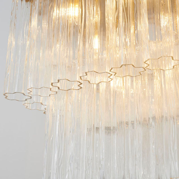 Satin Brass Rectangular Frame Chandelier with Clear Hanging Ribbed Glass by Bethel - view 4