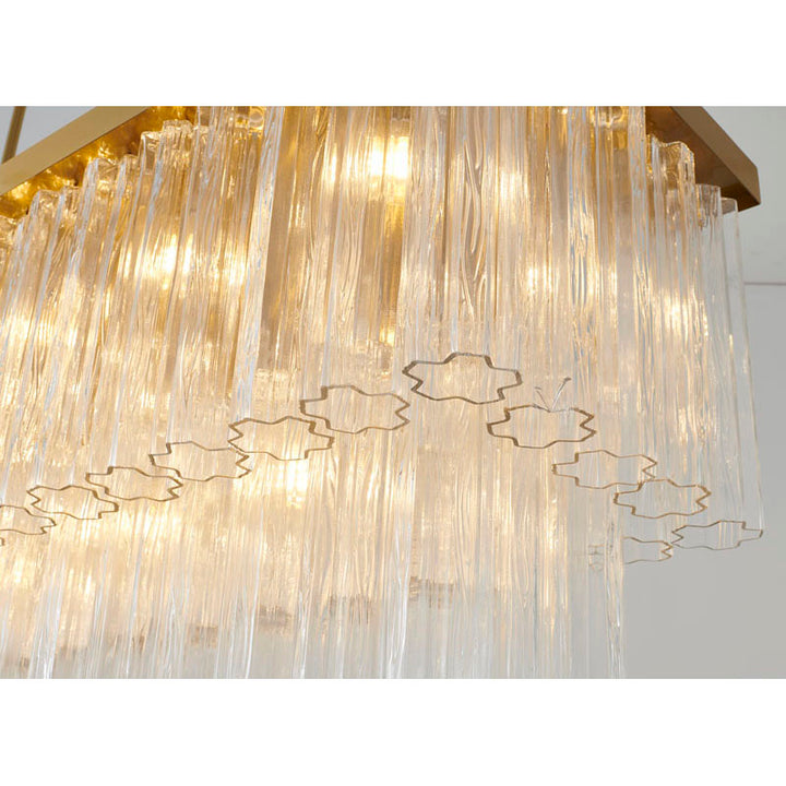 Satin Brass Rectangular Frame Chandelier with Clear Hanging Ribbed Glass by Bethel - view 5