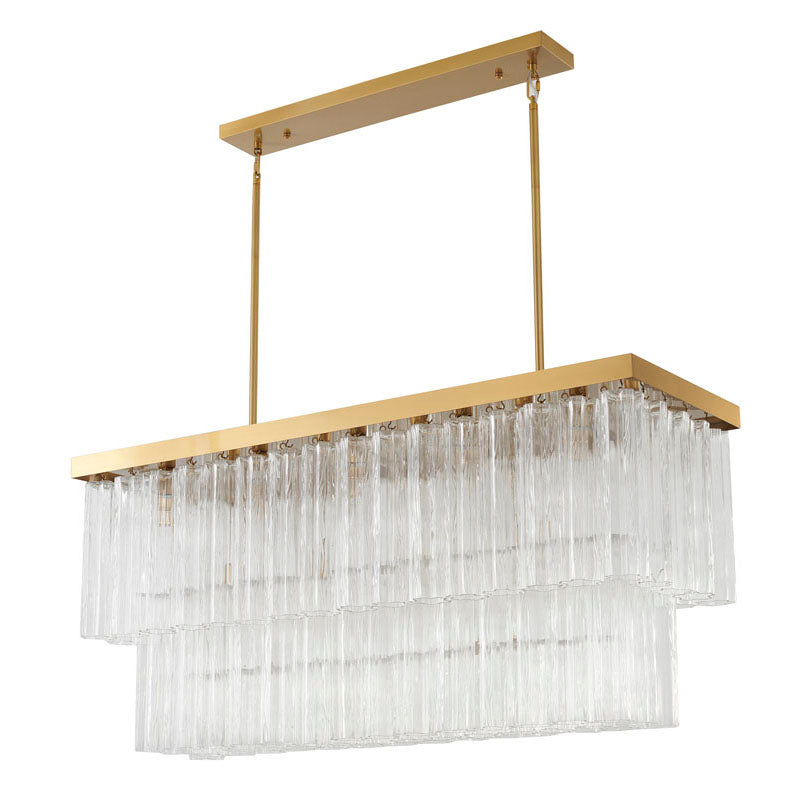 Satin Brass Rectangular Frame Chandelier with Clear Hanging Ribbed Glass by Bethel - view 6
